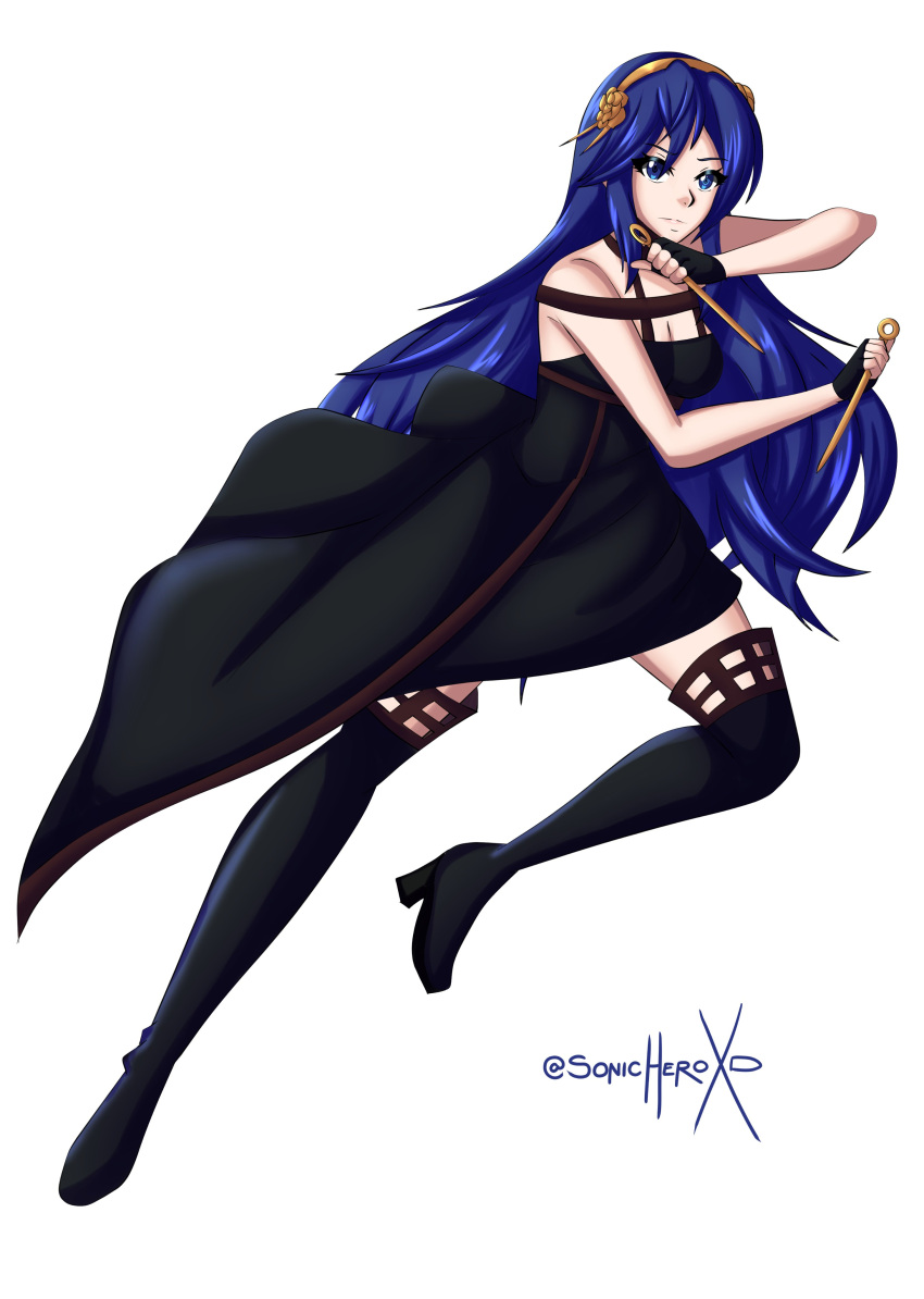 1girls bare_arms bare_thighs blue_eyes blue_hair boots breasts choker cleavage cosplay crossover dress dual_persona dual_wielding female female_only fighting_stance fingerless_gloves fire_emblem fire_emblem_awakening frown hairband high_heels knife legs long_hair looking_at_viewer lucina_(fire_emblem) medium_breasts nintendo pose running sonicheroxd spy_x_family symbol-shaped_pupils thigh_boots thighs very_long_hair weapon white_background yor_briar_(cosplay)