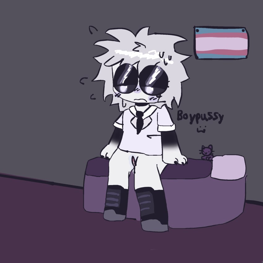 1boy 1cuntboy black_eyeshadow black_nails cuntboy dave_cander_ruy_(tab) feline incredibox intersex long_shoes messy_hair on_bed orin_ayo plushie pussy sitting solo sweating tab_(orin_ayo) tie toony trans_flag transgender_pride_colors white_eyes white_hair white_shirt