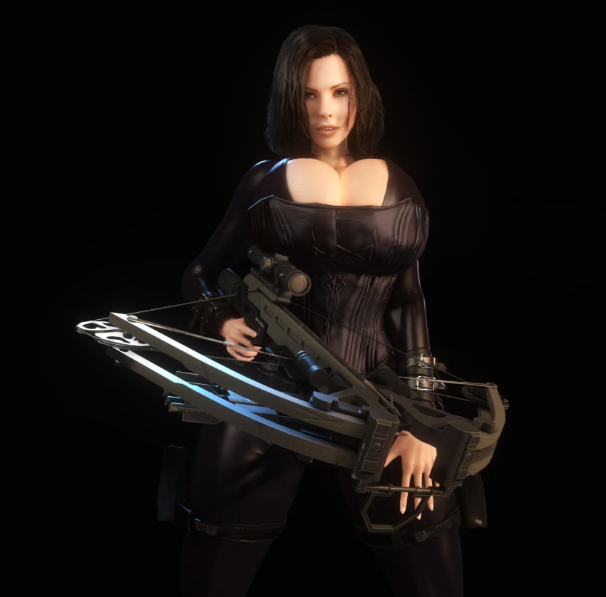 1girls 3d 3d_(artwork) alternate_breast_size black_hair bodysuit boob_window cleavage corset crossbow female female female_only female_solo gigantic_breasts holding_crossbow holding_object holding_weapon huge_breasts kate_beckinsale open_bodysuit open_clothes selene_(underworld) skin_tight solo solo_male thighs tight_clothing underworld vaako weapon wide_hips