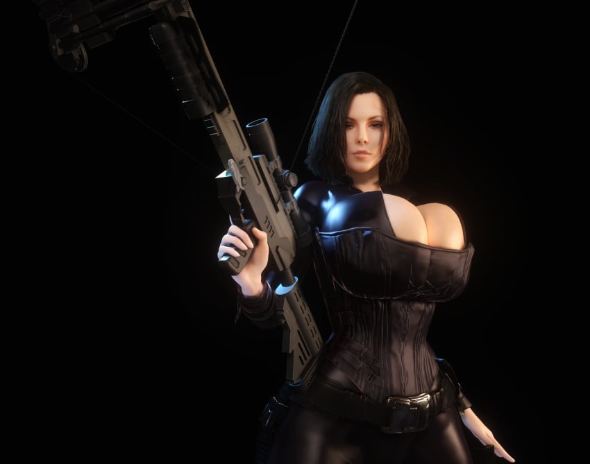 1girls 3d 3d_(artwork) alternate_breast_size black_hair bodysuit boob_window cleavage corset crossbow female female_only female_solo gigantic_breasts holding_crossbow holding_object holding_weapon huge_breasts kate_beckinsale open_bodysuit open_clothes selene_(underworld) skin_tight solo solo_male thighs tight_clothing underworld vaako weapon wide_hips