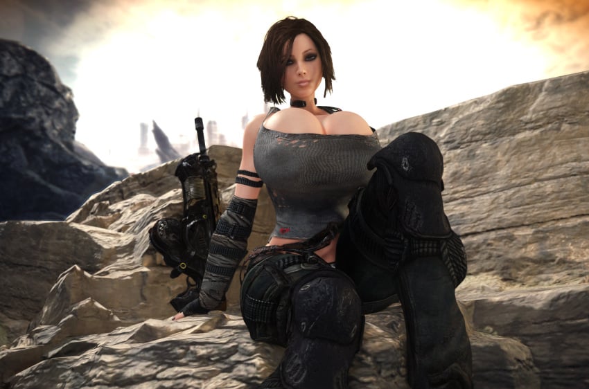 1girls 3d 3d_(artwork) alternate_breast_size areola_slip areolae areolae_slip breasts_bigger_than_head brown_hair bulletstorm cleavage clothed clothed_female electronic_arts epic_games female female_only fingerless_gloves gigantic_breasts gun hair_over_one_eye huge_breasts human looking_at_viewer people_can_fly solo solo_female tagme tombo trishka_novak vaako weapon wide_hips