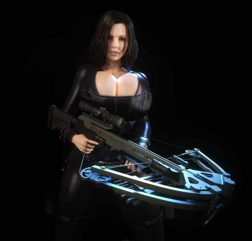 1girls 3d 3d_(artwork) alternate_breast_size black_hair bodysuit boob_window cleavage corset crossbow female female female_only female_solo gigantic_breasts holding_crossbow holding_object holding_weapon huge_breasts kate_beckinsale open_bodysuit open_clothes selene_(underworld) skin_tight solo solo_male thighs tight_clothing underworld vaako weapon wide_hips