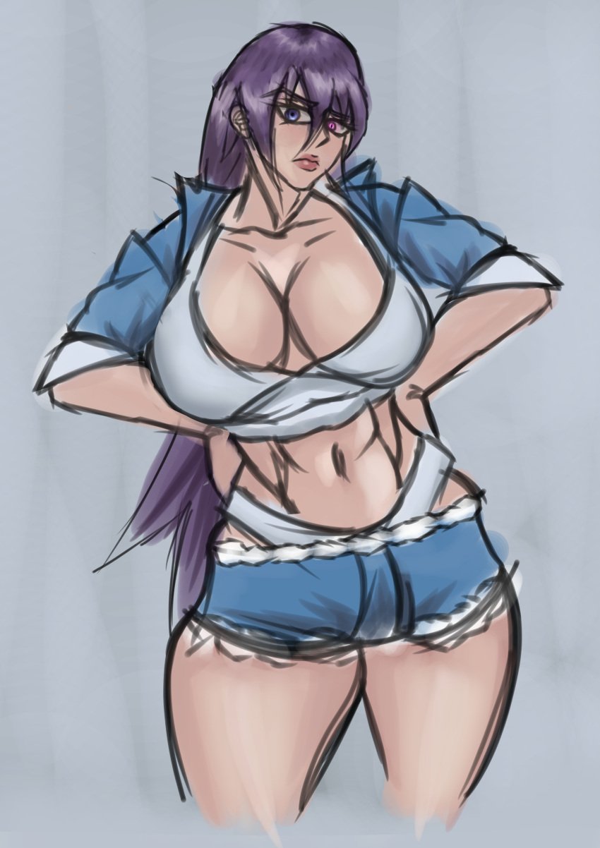 abs bare_midriff barthone blue_eyes bra casual clothed colored_sketch curvaceous eye_contact female_abs fit_female heterochromia huge_ass huge_breasts jacket jacket_open large_breasts looking_at_viewer open_clothes open_jacket plump purple_hair red_eyes short_shorts shorts sketch sports_bra sujin_lee the_god_of_highschool thick_lips thick_thighs thigh_squish thong thong_above_shorts tight_clothing tight_fit venus_body visible_underwear wide_hips