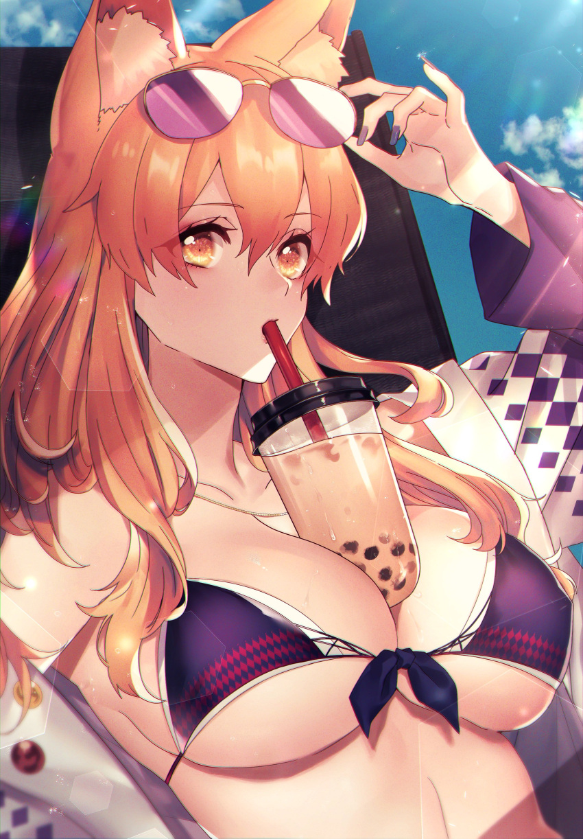 1girls big_breasts bikini bubble_tea bubble_tea_challenge cleavage drinking eyewear_on_head fate/grand_order fate_(series) female fox_ears fox_girl glasses large_breasts moe_(hamhamham) solo sunglasses sunglasses_on_head suzuka_gozen_(fate) suzuka_gozen_(heavenly_demon_princess)_(fate) tea upper_body