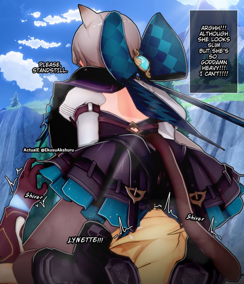 1boy 1girls 3d actuale aether_(genshin_impact) big_ass dialogue english_text facesitting genshin_impact gloves koikatsu long_hair lynette_(genshin_impact) mihoyo sitting straight text thick_thighs