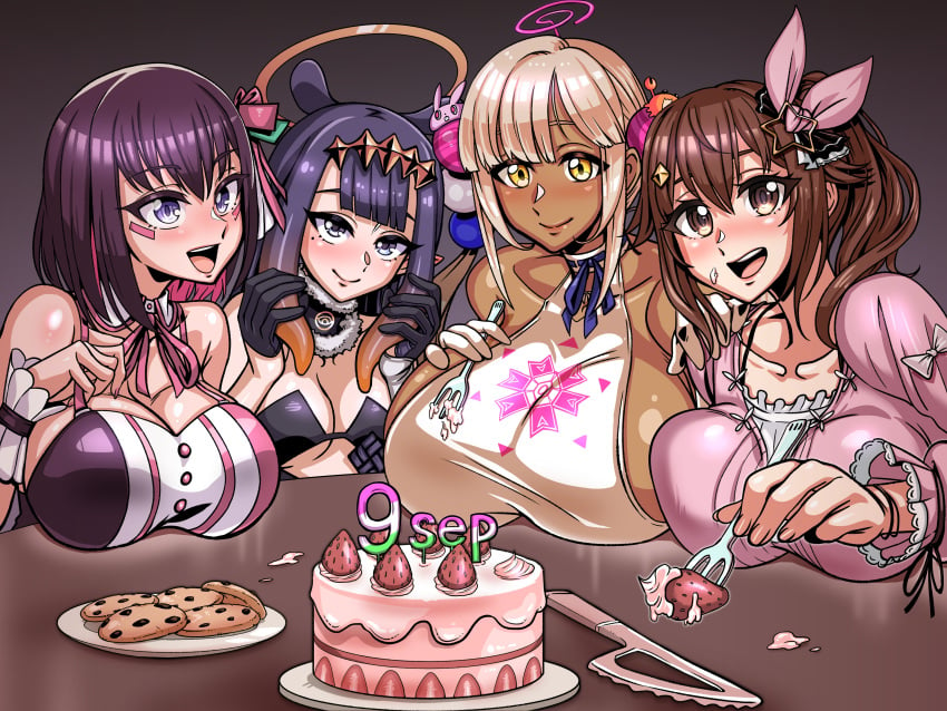 4girls :d absurdres alternate_breast_size azki_(hololive) bare_shoulders black_gloves blonde_hair blunt_bangs blush breasts brown_hair cake cleavage cookie dark-skinned_female dark_skin detached_collar facial_mark food food_on_face fork frills fur_trim ga320aaa gloves hair_ornament hairband halo highres holding holding_fork hololive hololive_english hololive_english_-council- hololive_gen_0 hololive_japan hololive_myth huge_breasts knife large_breasts limiter_(tsukumo_sana) long_hair looking_at_viewer mole mole_under_eye multiple_girls ninomae_ina'nis pointy_ears purple_eyes purple_hair sideboob smile teeth tentacle_hair tokino_sora tsukumo_sana virtual_youtuber white_gloves yellow_eyes