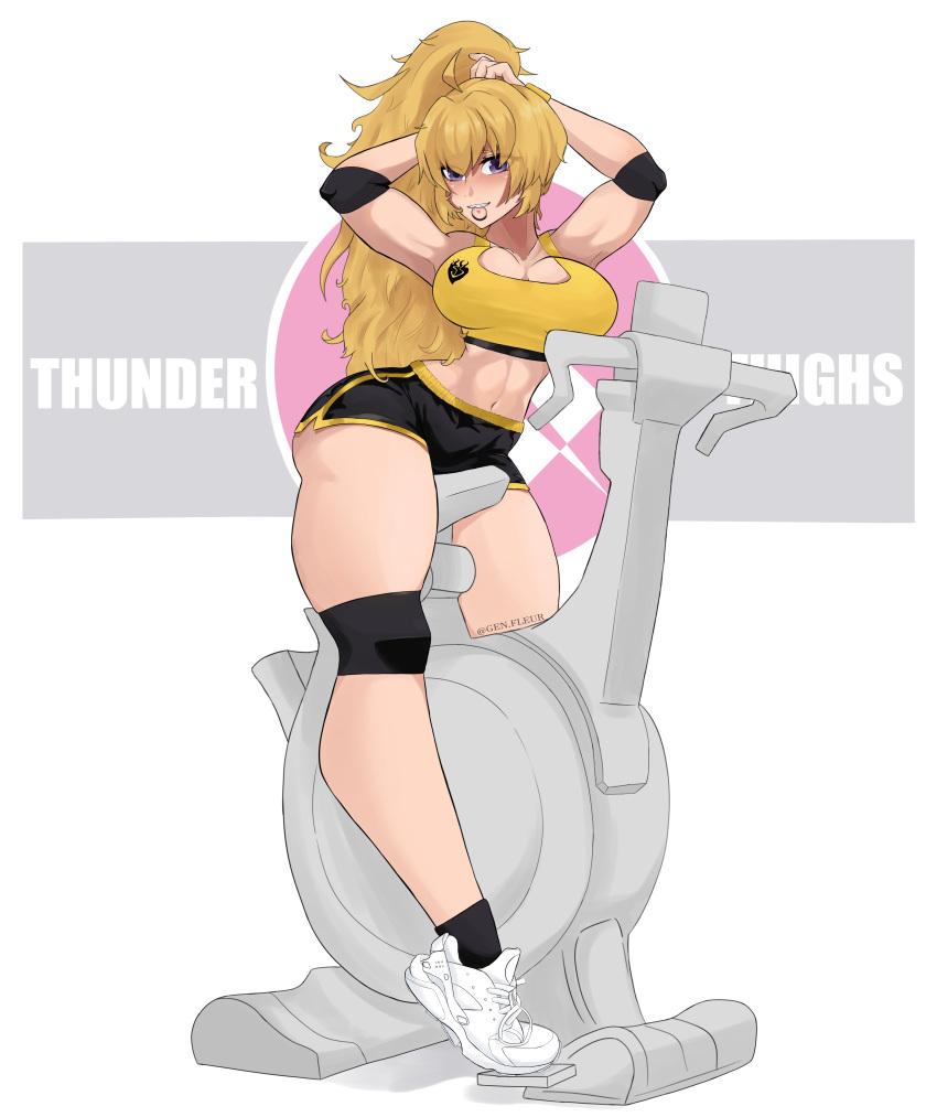 1girls adjusting_hair ankle_socks anklehighs big_breasts black_shorts black_socks blonde_hair blush breasts cleavage exercise_bike female female_only footwear full_body genfleur0108 gym_clothes gym_uniform hair hairband hips huge_breasts legs ponytail purple_eyes rwby shoes shorts sneakers socks socks_and_shoes solo solo_female sports_bra sports_uniform sportswear thick_thighs thigh_strap thighs thunder_thighs wide_hips yang_xiao_long