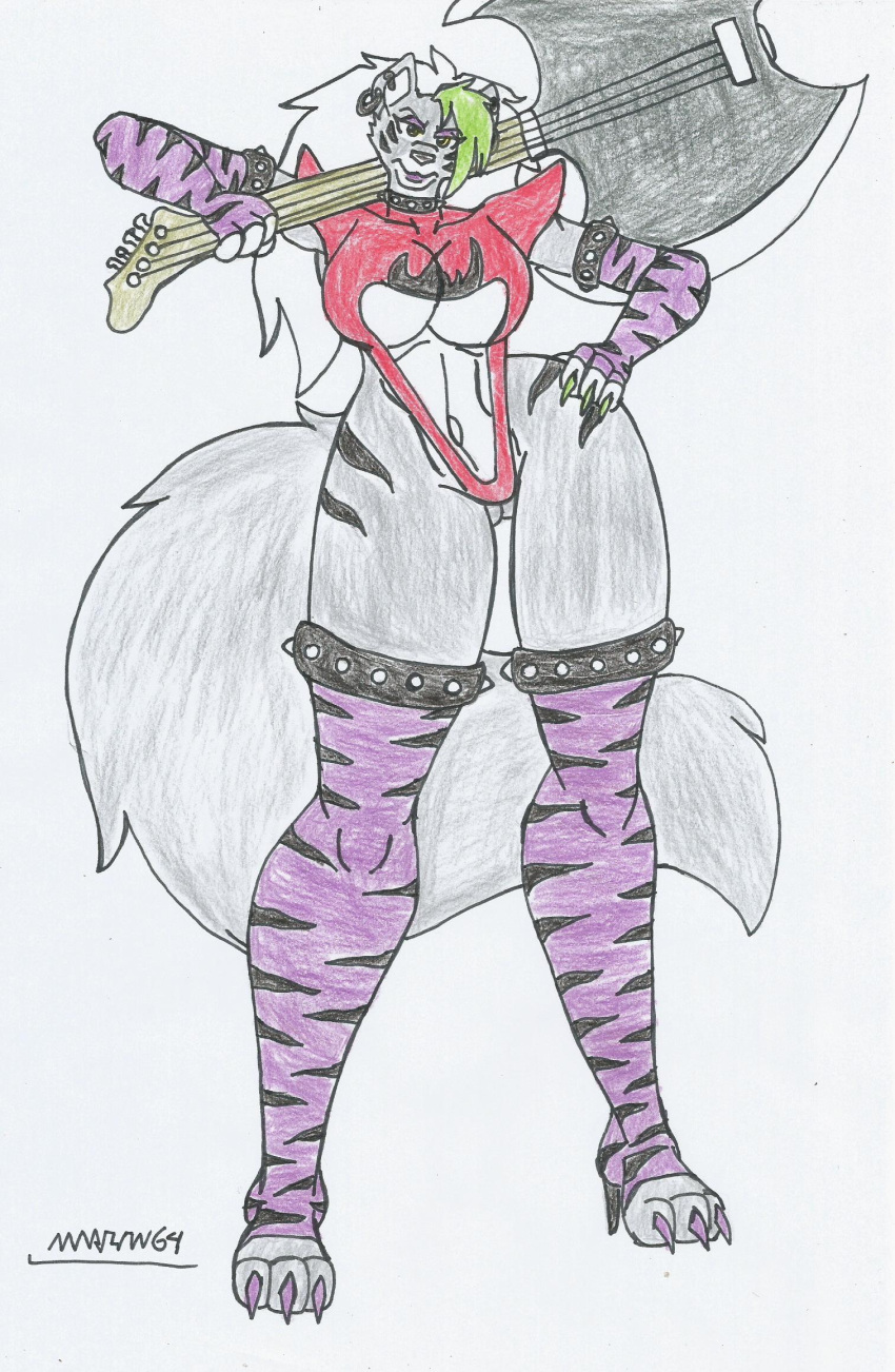 anthro axe big_breasts big_hips bikini ear_piercing earrings elbow_gloves eyeshadow five_nights_at_freddy's five_nights_at_freddy's:_security_breach fnaf furry green_hair guitar high_heel_boots marlon64 purple_lipstick roxanne_wolf_(fnaf) solo steel_wool_studios traditional_media_(artwork) white_background white_hair wolf_girl wolf_humanoid