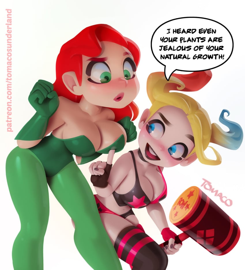 2girls batman_(series) big_breasts blonde_hair blush cleavage dc dc_comics dialogue dyed_hair female female_only green_eyes harley_quinn mallet multicolored_hair multiple_girls open_mouth poison_ivy poking_breasts red_hair speech_bubble tagme tomaco_sunderland