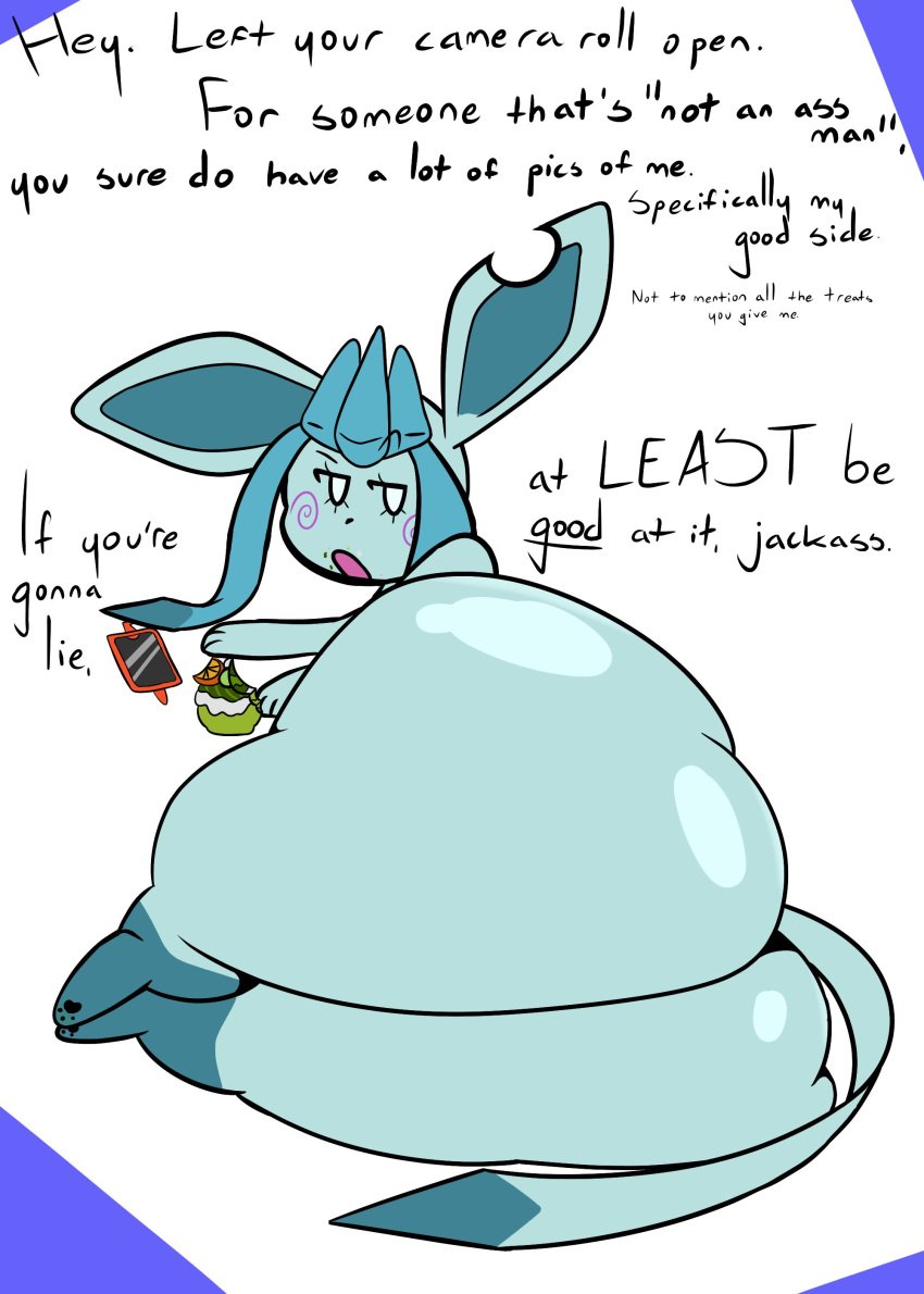 1girls 2d annoyed ass ass_focus big_ass big_butt big_ears blue_body bottom_heavy butt_focus completely_nude completely_nude_female crumbs dialogue eating eeveelution facial_markings fat_ass feet female female_only feral food full_body furry glaceon hi_res huge_ass huge_butt hyper hyper_ass hyper_butt looking_at_viewer looking_back markings mean naked naked_female nude nude_female on_side open_mouth original_character paws phone pokémon_(species) pokemon pokemon_(species) pov pov_eye_contact raised_eyebrow rotom_phone sableworks shiny_skin simple_background solo solo_female solo_focus swirls swirly_(sableworks) tail talking_to_viewer text thick_thighs white_background white_eyes wide_hips