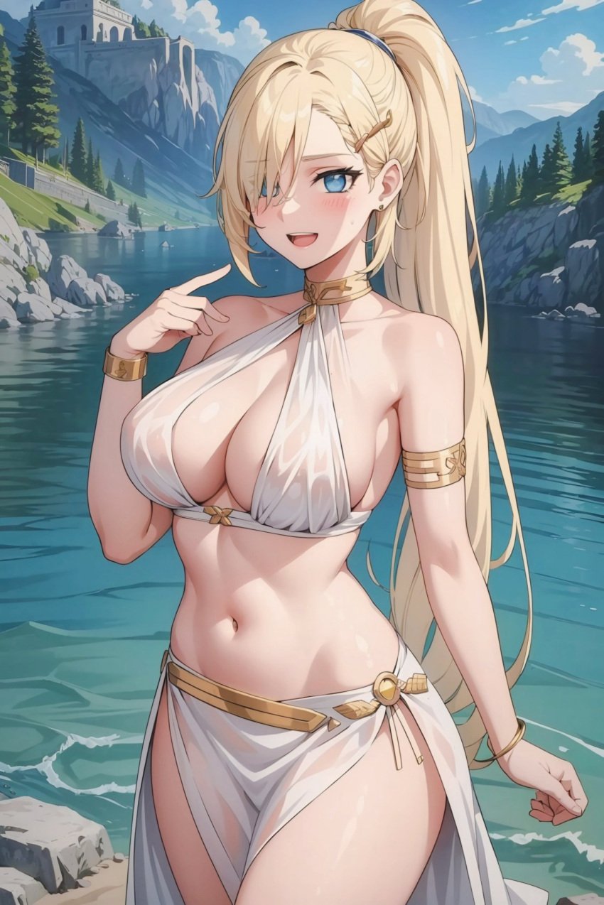 ai_generated big_breasts blonde_hair blue_eyes deinacht gold_jewelry greek_clothes ino_yamanaka long_hair long_ponytail looking_at_viewer naruto naruto_(series) naruto_shippuden smiling_at_viewer