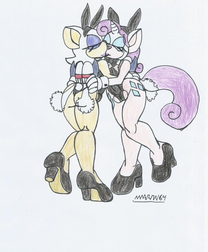 2futas anthro bat bat_pony big_hips bunnysuit crossover drawn eyeshadow floating flying furry futa_on_futa futanari grabbing_hips hibrid jetpack lesbian_kiss marlon64 mobian_(species) my_little_pony my_little_pony_friendship_is_magic purple_hair purple_lipstick rarity_(mlp) rouge_the_bat sonic_(series) traditional_media_(artwork) white_background