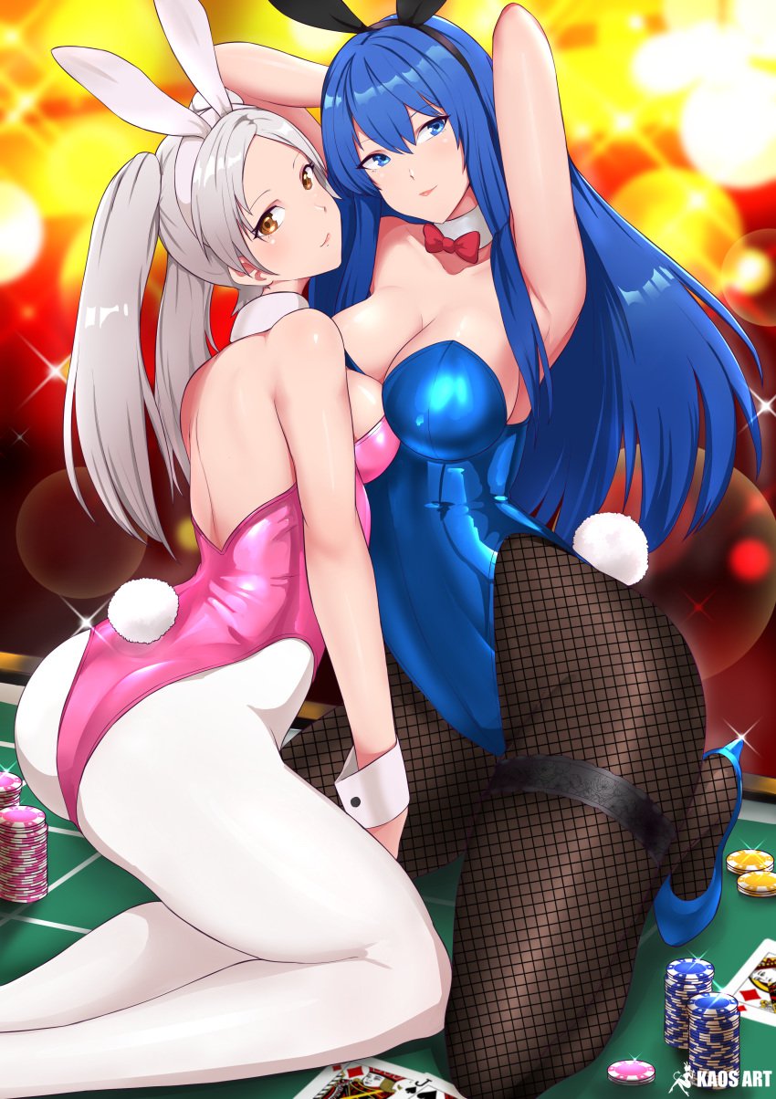 2girls absurdres alternate_costume animal_ears armpits arms_behind_head ass bare_shoulders black_pantyhose blue_eyes blue_hair blue_leotard bow bowtie breasts brown_eyes bunny_ears bunny_girl bunny_tail bunnysuit caeda_(fire_emblem) casino casino_card_table casino_chip cleavage closed_mouth commentary commission detached_collar english_commentary fake_animal_ears fake_tail female female_only fire_emblem fire_emblem:_mystery_of_the_emblem fire_emblem:_shadow_dragon_and_the_blade_of_light fire_emblem_awakening fishnet_pantyhose fishnets grey_hair heels highleg highleg_leotard highres kaos_art kneeling large_breasts leotard lips long_hair looking_at_viewer looking_back medium_breasts multiple_girls nintendo on_table pantyhose pink_leotard pink_lips playboy_bunny poker_cards poker_chip poker_table rabbit_ears rabbit_tail red_bow red_bowtie robin_(fire_emblem) robin_(fire_emblem)_(female) short_hair smile strapless strapless_leotard table tail thigh_strap twintails very_long_hair white_hair white_pantyhose wrist_cuffs yellow_eyes