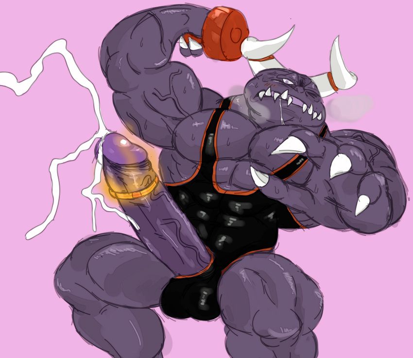 2_horns abs anthro biceps bodily_fluids claws dragaux dragon ejaculation genitals hi_res horn humanoid_genitalia humanoid_penis liushahuiyou male male_only muscular muscular_male nintendo pecs penis ring_fit_adventure sharp_teeth solo sweat teeth vein veiny_penis