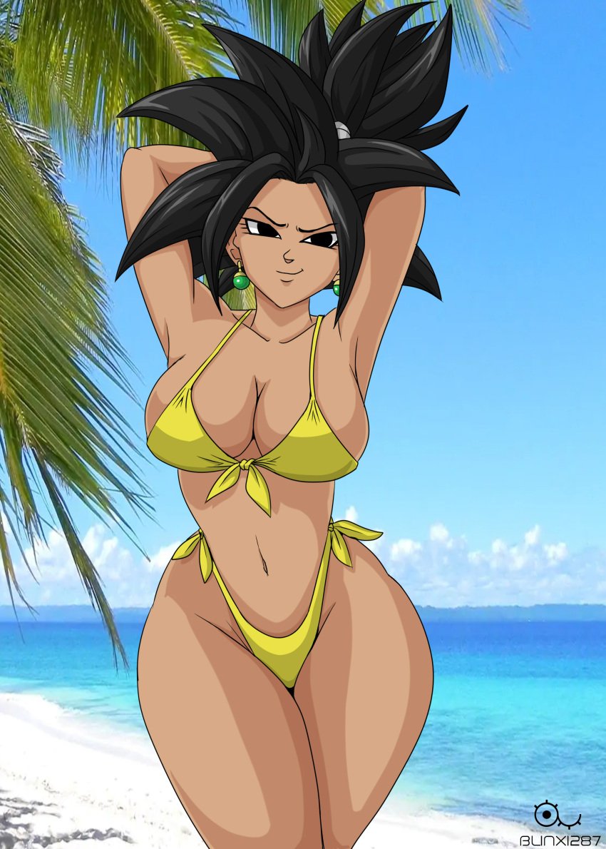 1girls :) alternate_version_available armpits arms_up bangs base_form_kefla beach big_breasts bikini black_eyes black_hair blinx1287 breasts child_bearing_hips cleavage curvy dragon_ball dragon_ball_super dragon_ball_z earrings fusion higher_resolution_duplicate kefla legs_together looking_at_viewer navel outdoors ponytail public saiyan sideboob smile smug spiky_hair standing tan tan_body tan_skin thick_thighs watermark wide_hips yellow_bikini