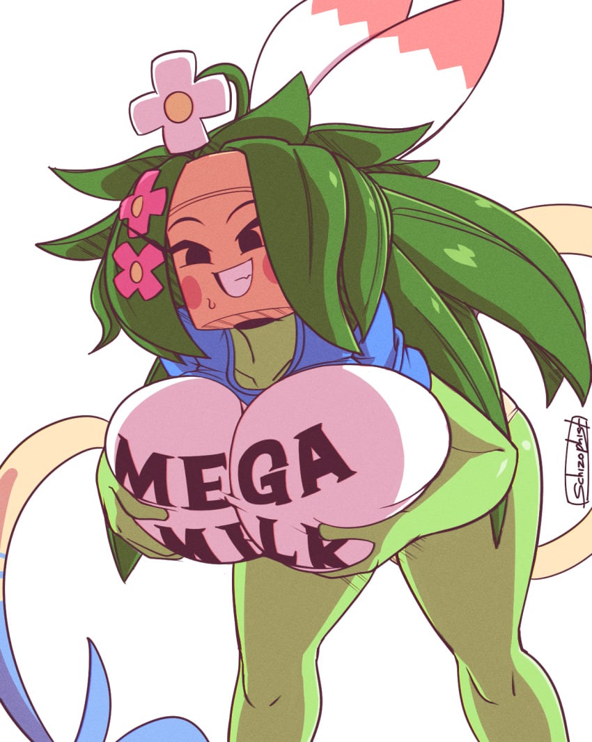 anthro big_breasts blaster_master_zero_2 green_hair green_skin huge_breasts kanna_(blaster_master) mega_milk meme meme_attire plant_girl plant_hair plant_humanoid plantie schizophist tagme