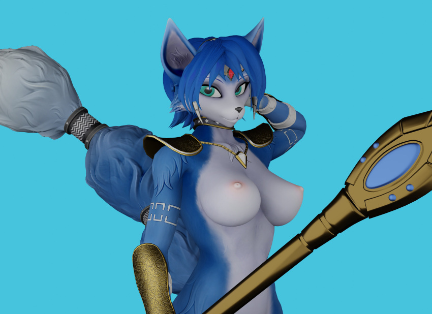 2023 3d_(artwork) absurd_res accessory anthro armor blue_hair breasts canid canine collar digital_media_(artwork) female fox furgonomics green_eyes hair hi_res krystal krystal's_staff looking_at_viewer mammal multicolored_body nintendo nipples nude one_01 simple_background solo star_fox tail tail_accessory warfare_krystal