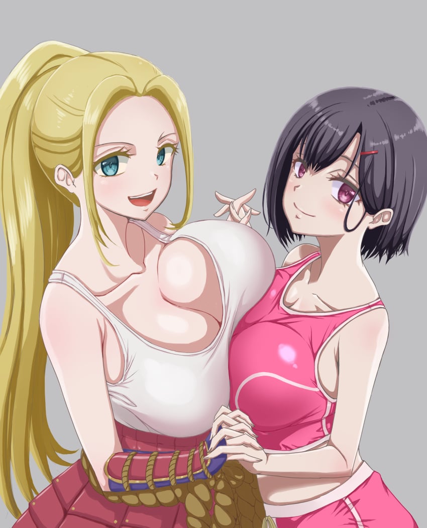 2girls :d absurdres adult_swim armor asymmetrical_bangs asymmetrical_docking asymmetrical_hair beatrix_amerhauser black_hair blonde_hair blue_eyes breast_press breasts collarbone commentary_request cotatubo grey_background hair_behind_ear high_ponytail highres holding_hands huge_breasts interlocked_fingers japanese_armor kote kusazuri large_breasts long_hair looking_at_viewer mikazuki_shizuka multiple_girls open_mouth pink_eyes pink_shorts pink_sports_bra short_hair shorts smile sports_bra tank_top toonami white_tank_top yuri zom_100_zombie_ni_naru_made_ni_shitai_100_no_koto