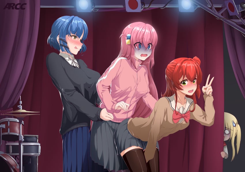 4girls arcainnon backstage blue_hair bocchi_the_rock! gotou_hitori ijichi_nijika kita_ikuyo pink_hair red_hair tagme v yamada_ryou yuri