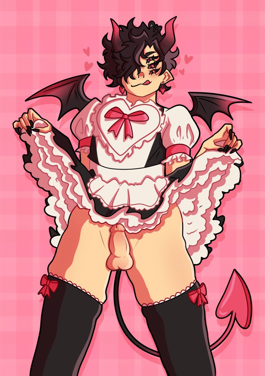 6_eyes bulge bulge_through_clothing demon demon_boy femboy femboy_focus incubus maid maid_apron maid_outfit multi_eye nail_polish oc originalcharacter penis petticoat scramblearts stockings tongue_out ufemboy_only