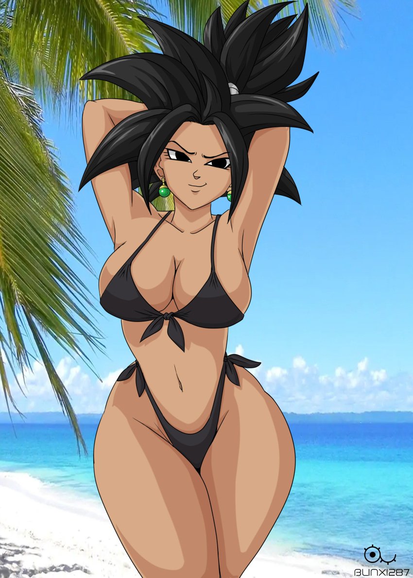 1girls :) alternate_version_available armpits arms_up bangs base_form_kefla beach big_breasts bikini black_bikini black_eyes black_hair blinx1287 breasts child_bearing_hips cleavage curvy dragon_ball dragon_ball_super dragon_ball_z earrings fusion higher_resolution_duplicate kefla legs_together looking_at_viewer navel outdoors ponytail public saiyan sideboob smile smug spiky_hair standing tan tan_body tan_skin thick_thighs watermark wide_hips