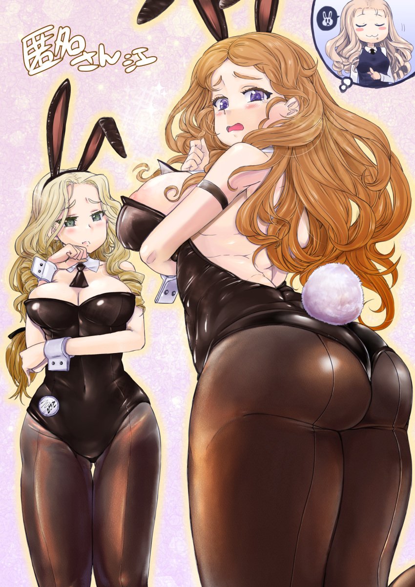 3girls :3 absurdres animal_ears areola_slip ass black_leotard blonde_hair blue_eyes blush breasts brown_pantyhose cleavage closed_eyes covered_navel fake_animal_ears fake_tail girls_und_panzer green_eyes highres isabe_(girls_und_panzer) large_breasts leotard long_hair marie_(girls_und_panzer) multiple_girls nabeyu orange_hair pantyhose playboy_bunny plump rabbit_ears rabbit_tail sofue_(girls_und_panzer) tail