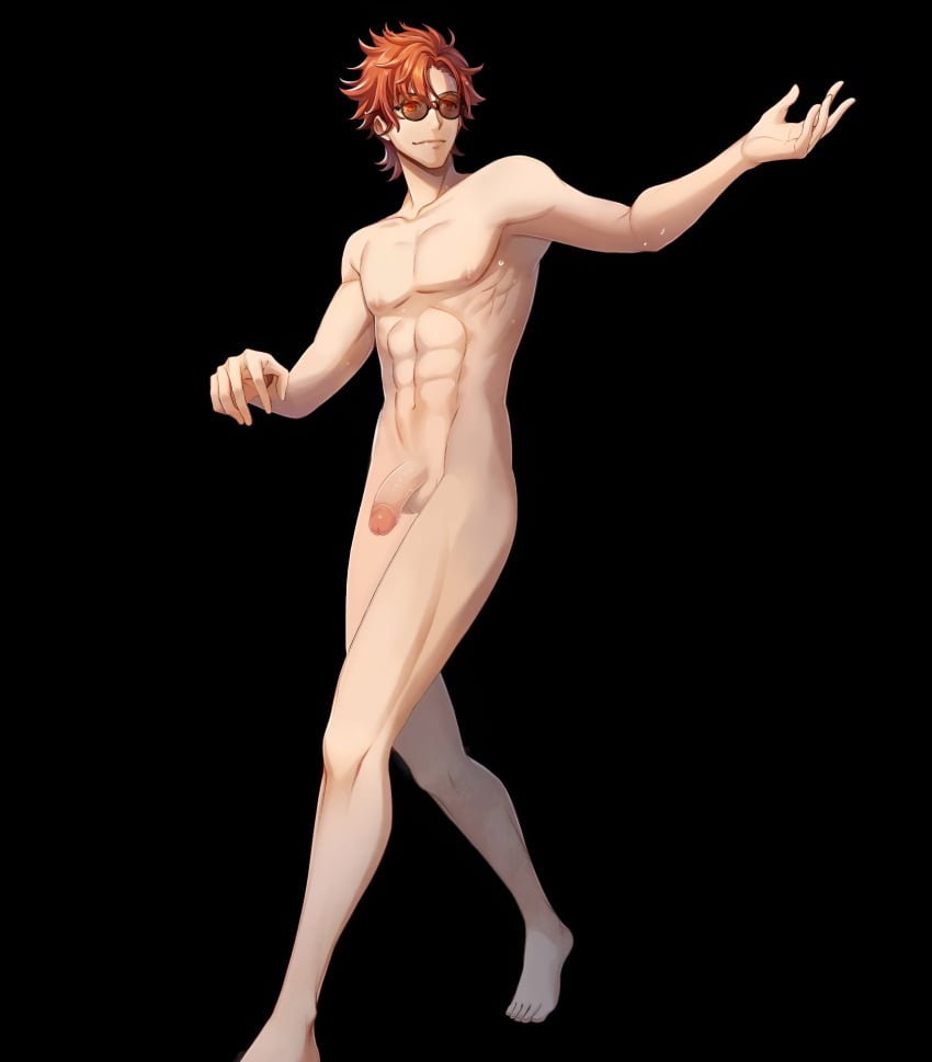 1boy abs bare_legs barefoot black_background codename_edit completely_nude completely_nude_male edit fire_emblem fire_emblem:_three_houses fire_emblem_heroes full_body legs male male_only muscular muscular_male nintendo nude nude_filter nude_male orange_hair penis smile solo sunglasses sylvain_jose_gautier sylvain_jose_gautier_(summer) uncensored yellow_background yellow_eyes