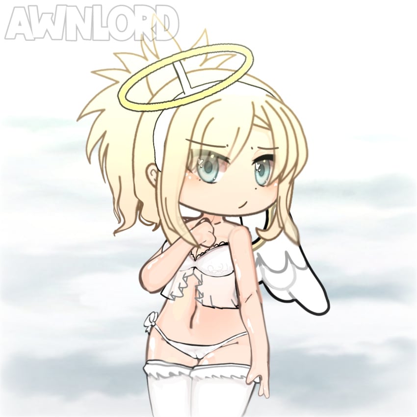 angel_costume angel_halo angel_wings awnlord blonde_hair blue_eyes clouds fake_halo fake_wings gacha gacha_club gacha_heat gacha_life lingerie medium_breasts standing strapless_bra white_bra white_panties white_stockings