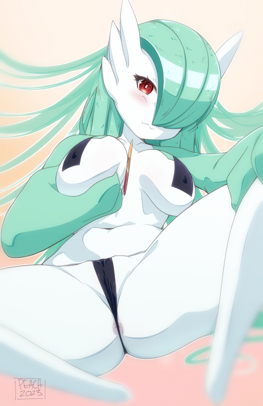 :3 absurdres alternate_hair_length alternate_hairstyle anus anus_peek artist_name black_panties blurry blush breasts cameltoe closed_mouth collarbone colored_skin commentary covered_nipples dated depth_of_field english_commentary female gardevoir generation_3_pokemon grabbing_own_breast gradient_background green_hair green_skin hair_over_one_eye hand_on_own_knee happy highres humanoid knee_up leaning_back long_hair looking_at_viewer medium_breasts mixed-language_commentary multicolored_skin navel one_eye_covered orange_background outline panties partially_visible_vulva pasties peach-cup pokémon_(species) pokemon pokemon_(species) red_eyes signature simple_background sitting smile solo split_mouth spread_legs stomach string_panties thick_thighs thighs topless two-tone_skin underwear very_long_hair white_outline