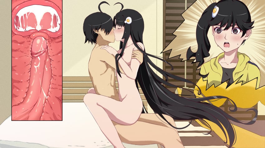 1boy 2girls ahoge araragi_karen araragi_koyomi araragi_tsukihi background bed bedroom black_hair blush brother brother_and_sister ccherias cervix clavicle commission cross_section cum cum_in_pussy cum_in_womb cum_inside extremely_large_filesize family_sex french_kiss french_kissing hair_ornament hugging incest internal internal_cumshot internal_vaginal kissing lotus_position medium_breasts monogatari_(series) nude nude_female nude_male on_bed open_mouth penis sex shocked shocked_expression side_ponytail sister sitting sitting_on_bed sitting_on_lap sitting_on_person sweatdrop toned_male track_jacket uterus vaginal_penetration vaginal_sex very_long_hair walked_in_on womb x-ray xray_view