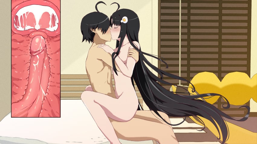 1boy 2girls ahoge araragi_koyomi araragi_tsukihi bed bedroom black_hair blush brother brother_and_sister ccherias cervix clavicle commission cross_section cum cum_in_pussy cum_in_womb cum_inside family_sex french_kiss french_kissing hair_ornament hugging incest internal internal_cumshot internal_vaginal kissing lotus_position medium_breasts monogatari_(series) nude nude_female nude_male on_bed penis sex sister sitting sitting_on_bed sitting_on_lap sitting_on_person toned_male uterus vaginal_penetration vaginal_sex very_long_hair womb x-ray xray_view