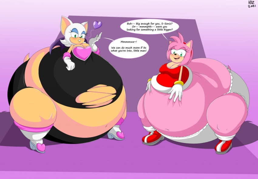 2girls amy_rose anthro ass bat bat_humanoid bat_wings belly boots bottom_heavy bracelet breasts cleavage dress english_text fat female female_focus female_only furry gloves green_eyes hairband hdoodlez heart hedgehog hedgehog_humanoid hips holding_belly huge_belly large_ass large_belly large_breasts monobutt overweight overweight_female panties pear-shaped_body pear-shaped_figure pear_shaped pear_shaped_female pink_hair ripped_bodysuit rouge_the_bat sega sonic_(series) sonic_the_hedgehog_(series) stomach text thick_thighs thighs underwear wardrobe_malfunction weight_gain white_hair wide_hips