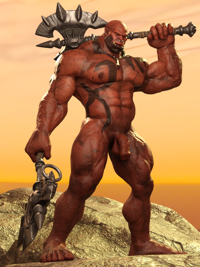 3d_(artwork) abs absurd_res axe battle_axe biceps dark-skinned_male dark_skin digital_media_(artwork) foreskin garrosh_hellscream genitals hi_res humanoid m.freak male male_only muscular muscular_humanoid muscular_male nipples orc orc_male pecs penis piercing solo tattoo vein veiny_muscles