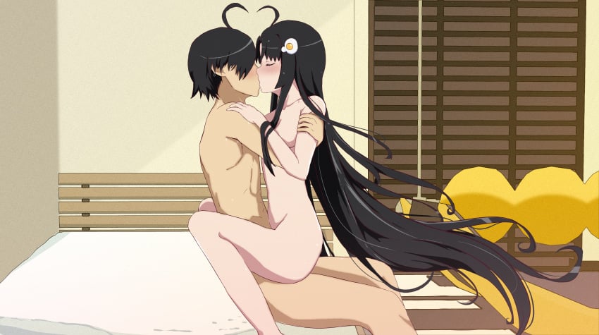 1boy 2girls absurd_res ahoge araragi_koyomi araragi_tsukihi background bed bedroom black_hair blush brother brother_and_sister ccherias commission family_sex french_kiss french_kissing hair_ornament hi_res highres hugging incest internal internal_vaginal kissing lotus_position medium_breasts monogatari_(series) nude nude_female nude_male on_bed penis sex sister sitting sitting_on_bed sitting_on_lap sitting_on_person toned_male vaginal_penetration vaginal_sex very_long_hair