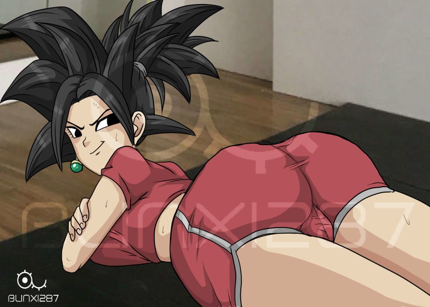 1girls arms_crossed ass bangs big_ass big_breasts black_eyes black_hair blinx1287 breasts clothes dat_ass dragon_ball dragon_ball_super dragon_ball_z earrings fusion indoors kefla light-skinned_female light_skin looking_back lying lying_on_floor lying_on_stomach on_floor ponytail potara_earrings saiyan solo sweat thighs universe_6/universe_7 watermark