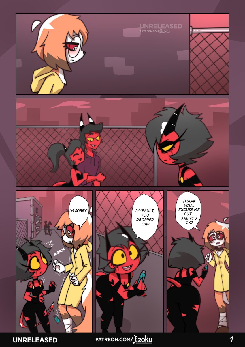 2020s 2023 a_night_with_loona_2 comic demon demon_boy demon_girl demon_horns demon_humanoid demon_tail demoness female furry hellhound helluva_boss imp jizoku male male/female millie_(helluva_boss) page_1 sol_(jizoku) tagme text watching wolf