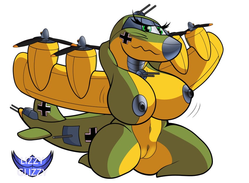 2021 aeromorph aircraft airplane anthro b-17 balkenkreuz big_breasts black_nipples breasts digital_media_(artwork) english_text eyeliner female genitals gradient_background green_body green_eyes gun hands_behind_head hi_res huge_breasts karolina_(sovietrainbow) kneeling living_aircraft living_machine living_vehicle lizzyglizzy looking_at_viewer machine makeup navel nipples plump_labia presenting pussy ranged_weapon shaking short_stack shortstack simple_background smile solo text vehicle watermark weapon whiskers yellow_body