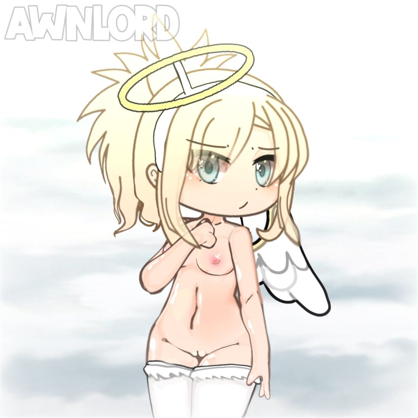 angel_costume angel_halo angel_wings awnlord blonde_hair blue_eyes clouds fake_halo fake_wings gacha gacha_club gacha_heat gacha_life medium_breasts standing white_stockings