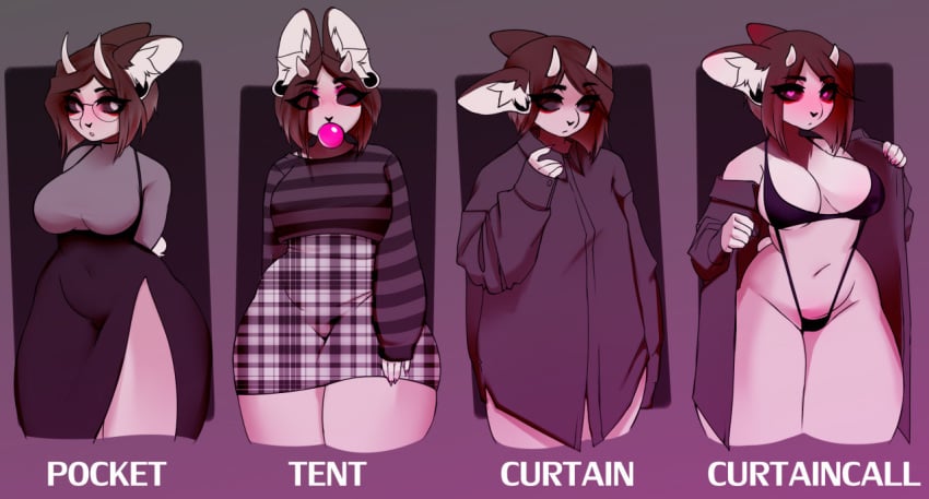 <3_eyes anthro ass belly big_butt black_sclera brown_body brown_fur bubble_gum chatski chatski_(fursona) chimera clothed clothing costume curtain_call_challenge curvy_figure female fur hair heart horn hybrid lagomorph leporid looking_at_viewer mammal meme no_pupils open_clothing open_shirt open_topwear piercing rabbit shirt short_hair shy solo sweater topwear underwear wide_hips