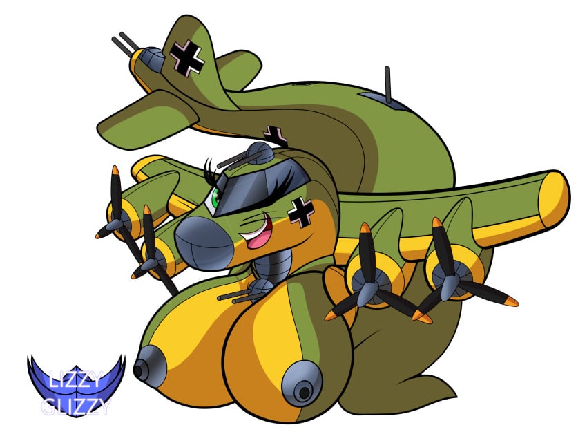 2021 aeromorph aircraft airplane anthro b-17 balkenkreuz big_breasts black_nipples breasts digital_media_(artwork) english_text eyeliner female genitals gradient_background green_body green_eyes gun hands_behind_head hi_res huge_breasts karolina_(sovietrainbow) kneeling living_aircraft living_machine living_vehicle lizzyglizzy looking_at_viewer machine makeup navel nipples one_eye_closed plump_labia presenting pussy ranged_weapon shaking short_stack shortstack simple_background smile solo teeth text tongue vehicle watermark weapon whiskers wink yellow_body