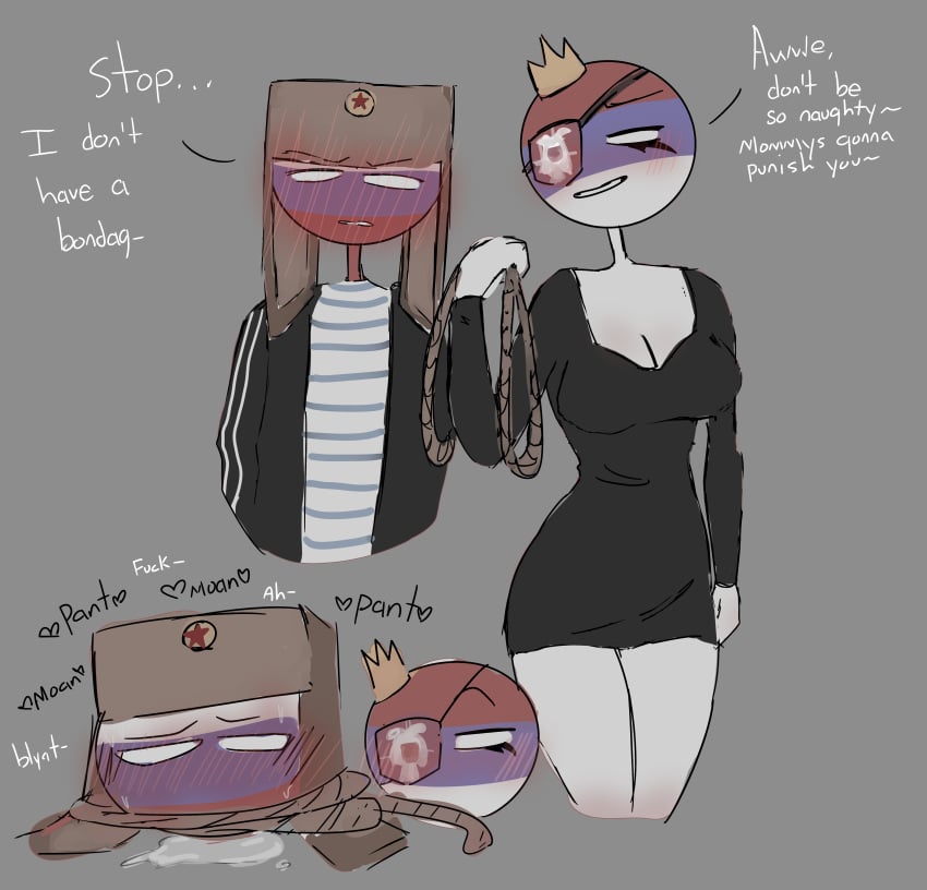 1boy 1boy1girl 1girls black_dress blush bondage breasts countryballs countryhumans countryhumans_girl cum dominant_female english_text femdom forced_orgasm rope russia_(countryhumans) serbia_(countryhumans) simple_background slavicwhre straight ushanka