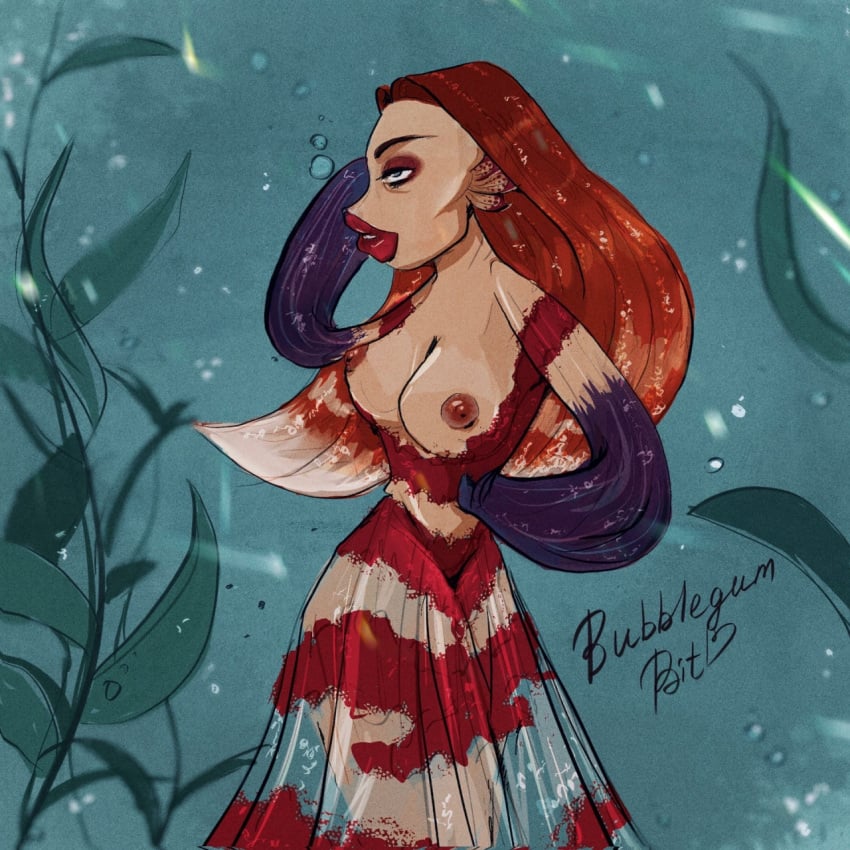 2020 bubblegum_bit_(artist) dreamworks exposed_breasts exposed_nipples exposing_self fish fish_girl fish_tail lola_(shark_tale) red_hair shark_tale undressing