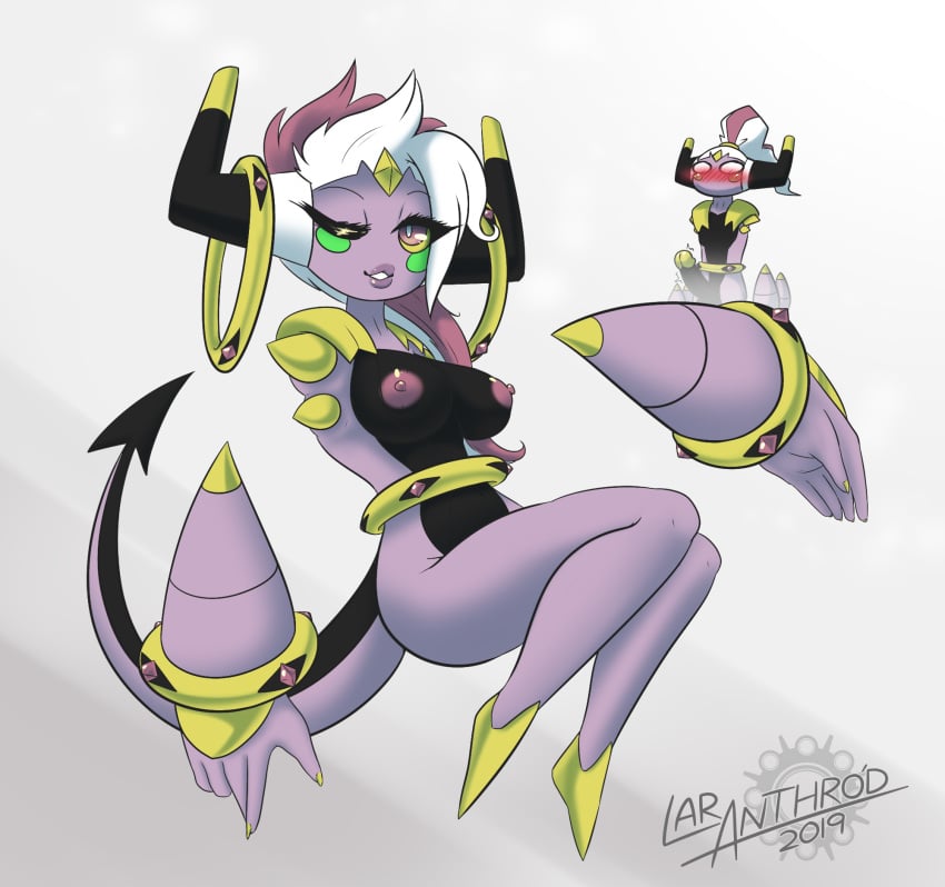 2019 2_horns anthro areola aroused artist_name blush breasts cheek_spots chira_(latiar) digital_media_(artwork) duo english_text erection eyebrows eyelashes female fingers floating_arms forehead_gem gem generation_6_pokemon genitals glans hair hi_res hoopa horn humanoid_genitalia humanoid_penis latiar legendary_pokemon lips looking_at_another male nails nintendo nipples nude number one_eye_closed open_mouth penis pokemon pokemon_(species) pokemorph pupils ring simple_background tail text white_pupils yellow_sclera