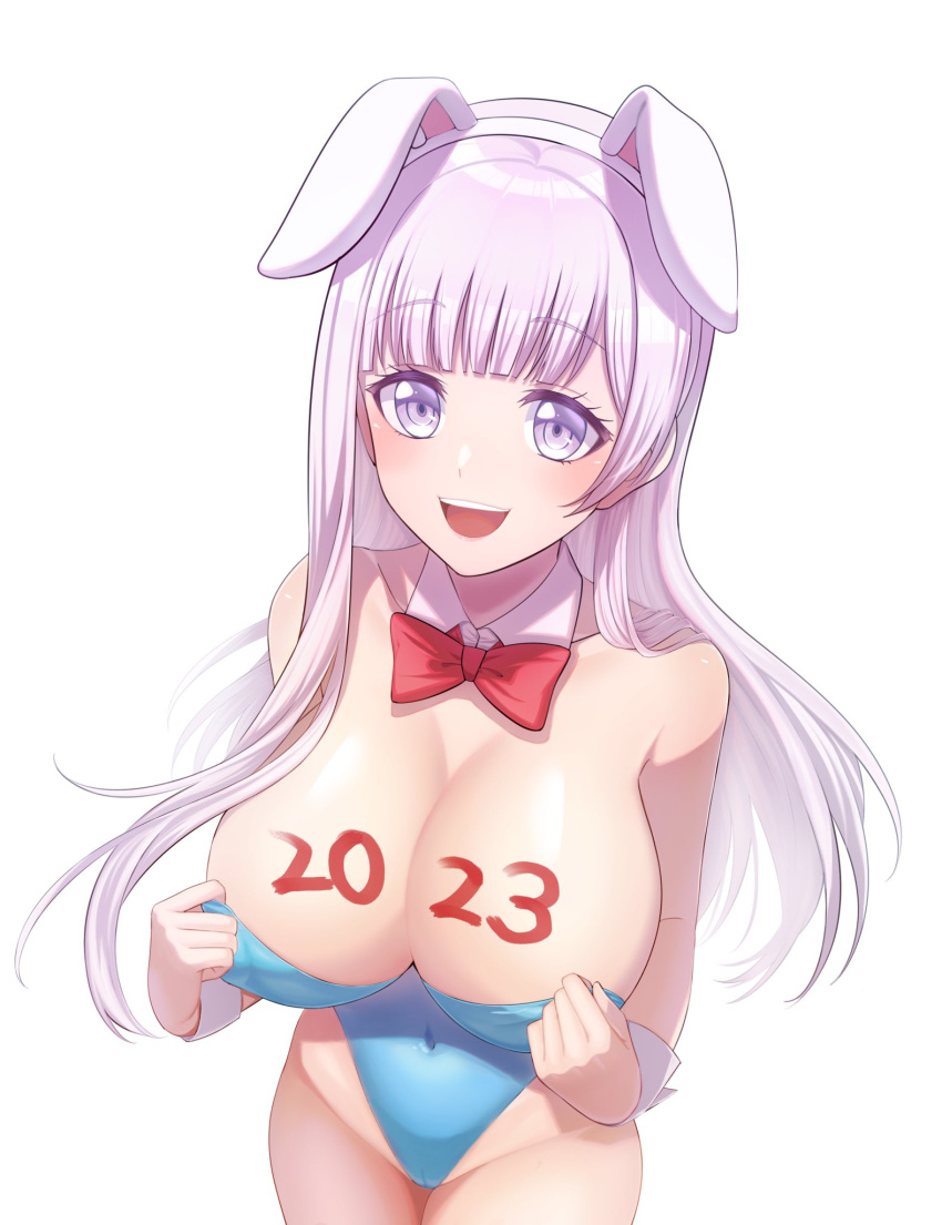 2023 big_breasts blush body_writing bowtie bunny_ears bunny_girl bunnysuit d4dj izumo_saki kougami long_hair pussy stripping