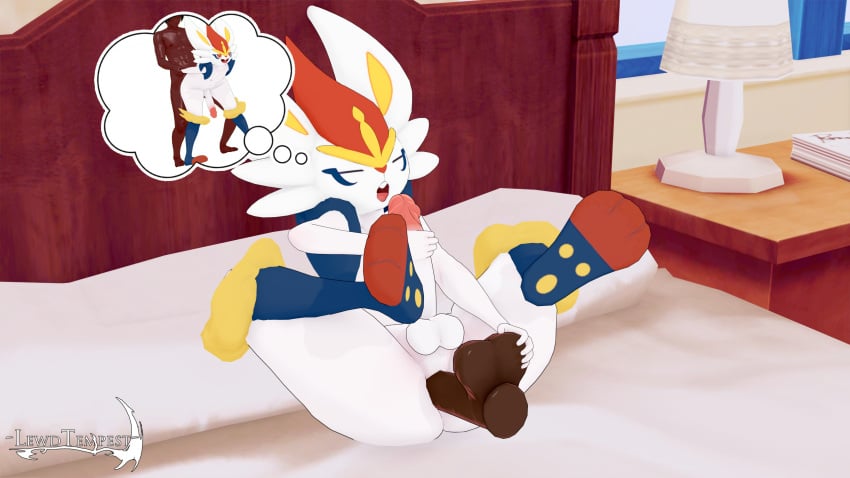 bed bedroom cinderace dark-skinned_male daydream dildo femboy furry furry_male koikatsu male male/femboy male/male male_cinderace male_only missionary_position pokemon