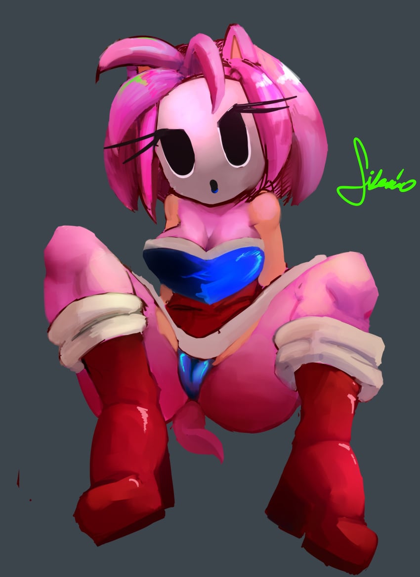 amy_rose ass blue_lipstick boots breasts cameltoe cleavage eyelashes female furry heel_boots large_breasts legs_spread lipstick mask masked open_legs pink_fur shy_guy_mask silencioarthub skirt sonic_(series) sonic_the_hedgehog_(series) spread_legs tail