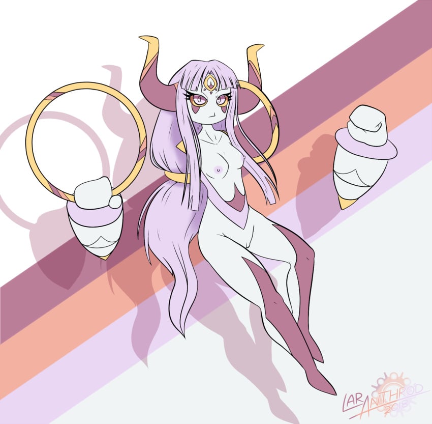 2018 2_horns areola artist_name breasts digital_media_(artwork) english_text eyelashes female floating_arms generation_6_pokemon genitals hair hi_res hoopa hoopa_(confined) horn humanoid latiar legendary_pokemon long_hair looking_at_viewer mouth_closed nintendo nipples number pokemon pokemon_(species) pokemorph pussy ring shadow simple_background solo text