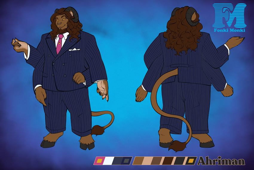 4_arms ahriman balls beard character_sheet chest_hair clothed dad_bod fonkimonki furry hairy hooves long_hair male multi_arm multi_limb muscles muscular muscular_male pinstripe_suit solo solo_male suit_and_tie