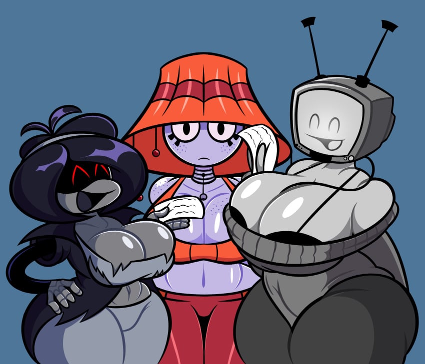 2024 2d_(artwork) 3girls antenna belly_button big_breasts big_butt bra breast_size_difference busty busty_female cleavage coilette_(minusbrush) computer computer_head freckles huge_breasts humanoid lamp_girl lampshade lampshay living_machine minusbrush object_humanoid original_characters red_eyes ripped_clothing robot_girl robot_humanoid sweater tabitha_(ultraneeks) thick_thighs topwear wireless_vibrator