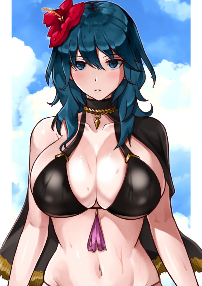 black_swimsuit blue_eyes blue_hair byleth_(fire_emblem) byleth_(fire_emblem)_(female) fire_emblem fire_emblem:_three_houses flower_in_hair large_breasts looking_at_viewer oniisan02b swimsuit teal_hair yotsuhauni